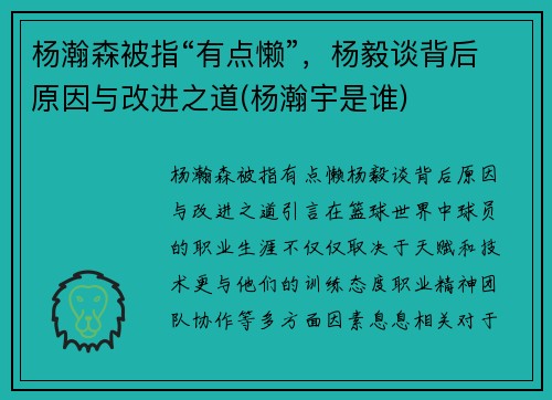 杨瀚森被指“有点懒”，杨毅谈背后原因与改进之道(杨瀚宇是谁)