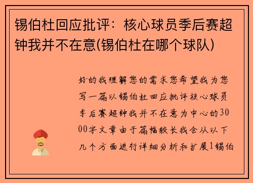 锡伯杜回应批评：核心球员季后赛超钟我并不在意(锡伯杜在哪个球队)