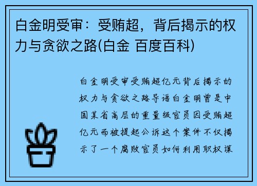 白金明受审：受贿超，背后揭示的权力与贪欲之路(白金 百度百科)