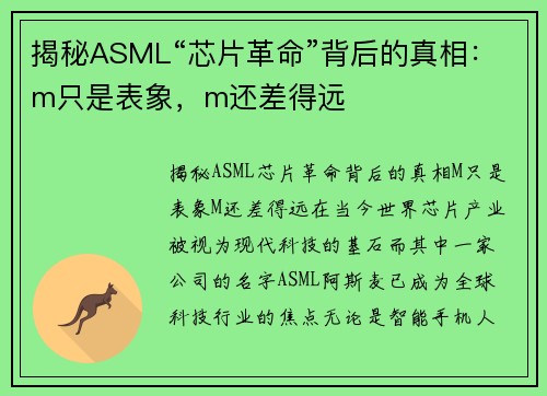 揭秘ASML“芯片革命”背后的真相：m只是表象，m还差得远